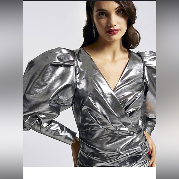 NWT River Island Metallic Silver Balloon Sleeves Bodycon Mini Dress Size 8 US - Picture 13 of 14